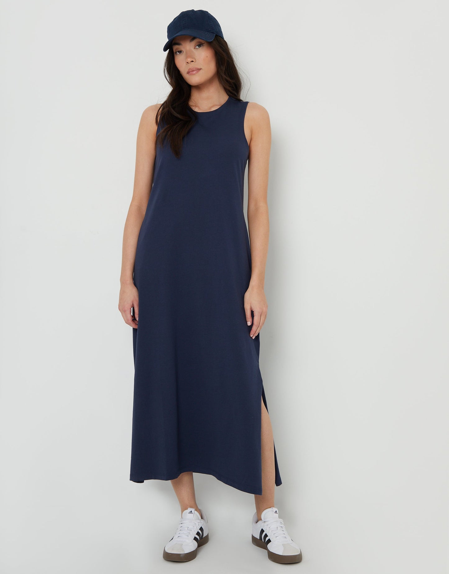 Women's Navy Sleeveless Jersey Midi Dress with Pockets