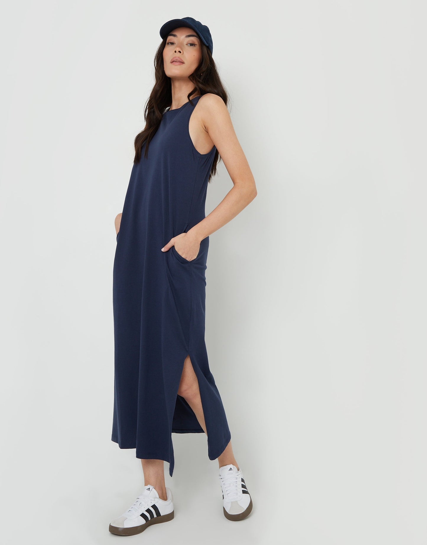 Women's Navy Sleeveless Jersey Midi Dress with Pockets