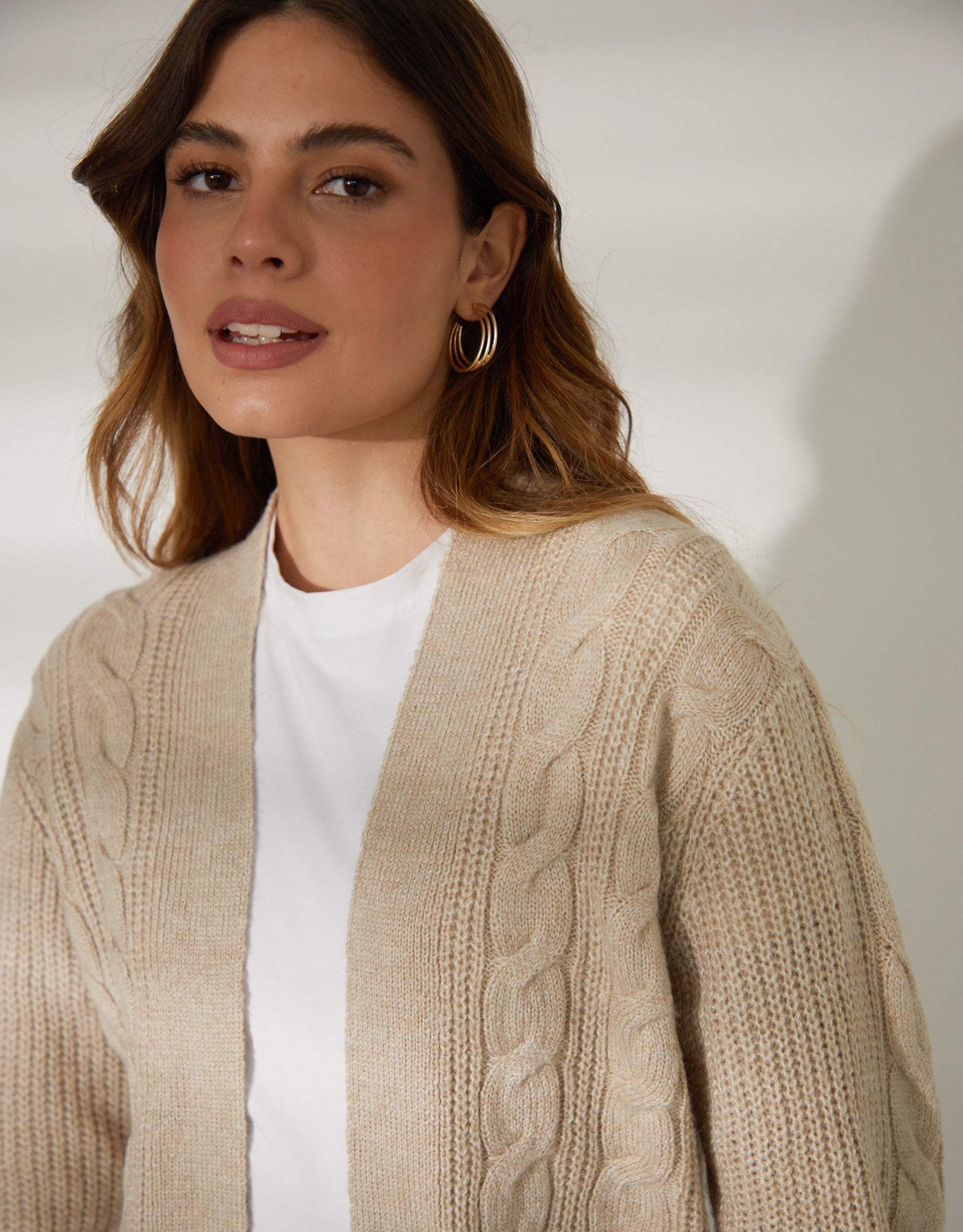 Women's Beige Cable Knit Cardigan